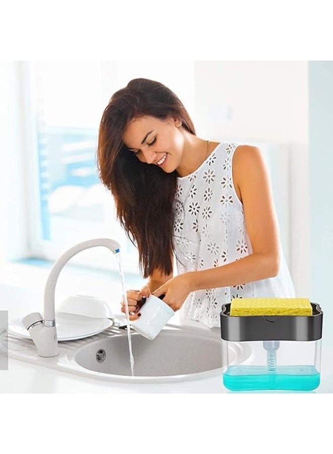 فيلفيتكوف موزع صابون غسيل الأطباق متعدد الوظائف 3 في 1 مع حامل إسفنجة | مضخة صابون سائل تعمل بالضغط لحوض المطبخ - Image 4